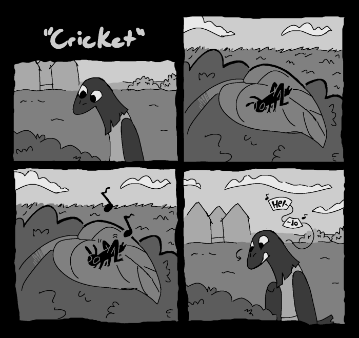 four panel greyscale comic, first Ruby looking at a bush, second a cricket on one of the leaves, third the cricket chirps in a two tone way, fourth Ruby with the same cadence says 'hel-lo' 